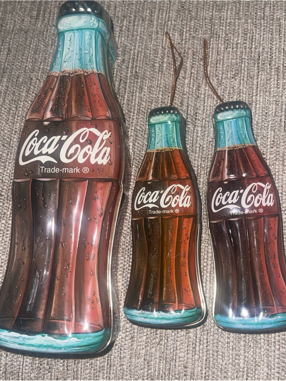 Vintage Coca Cola Bottle Tin Collectibles Lot Of 2 Ornaments & 1 Tin